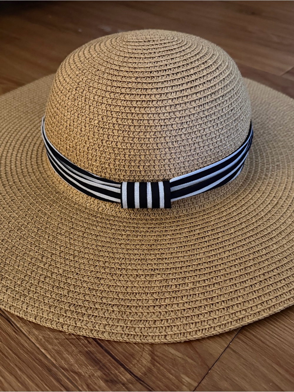 Time and Tru Wide Brim Straw Sun Hat with Striped Ribbon